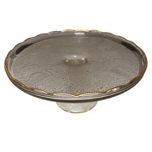 VTG 50's Jeanette Glass Cake Stand Pedestal Plate Lyre Music Design Harp Dessert